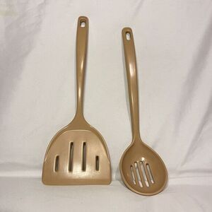 2‎ Vintage Ekco Melamine Slotted Wide Spatula Spoon Lot 12" Tan Thick Plastic
